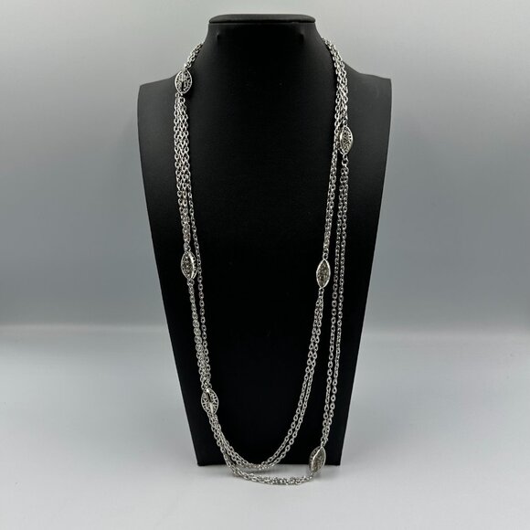 Vintage Monet Necklace Silver Tone Long Double Chain Filigree Station Beads 54" - Picture 8 of 9